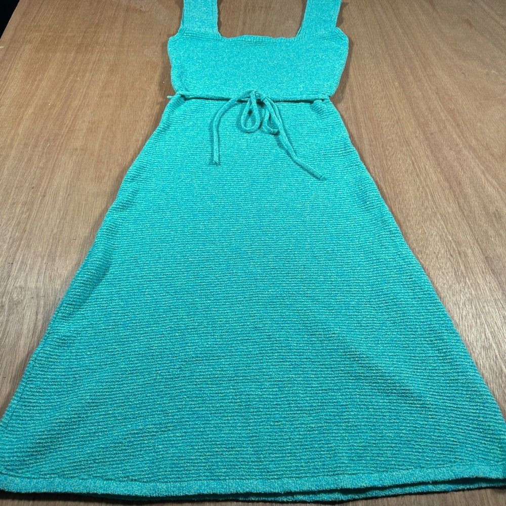 Zara Terry Knit Midi Dress Womens M Teal Sleeveless Tie Waist Beach Resort